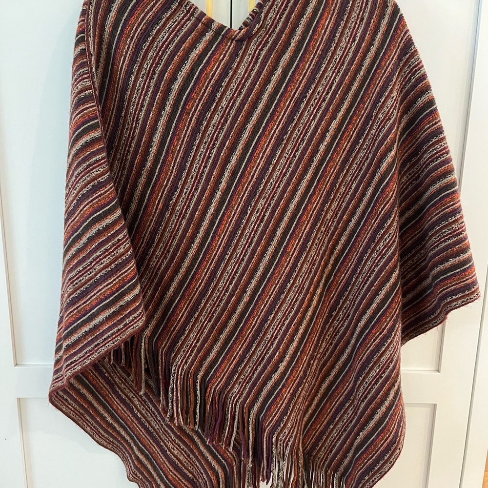Boho Multicolor Striped Poncho with Fringe